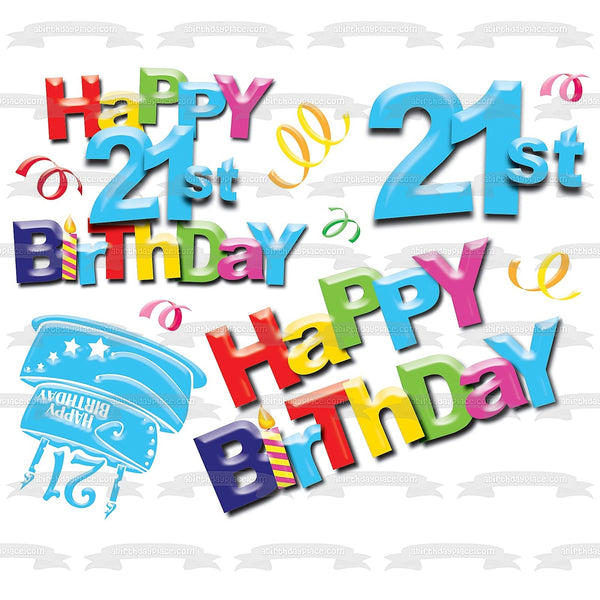 Happy 21st Birthday Cake Streamers and Candles Edible Cake Topper Image ABPID07029