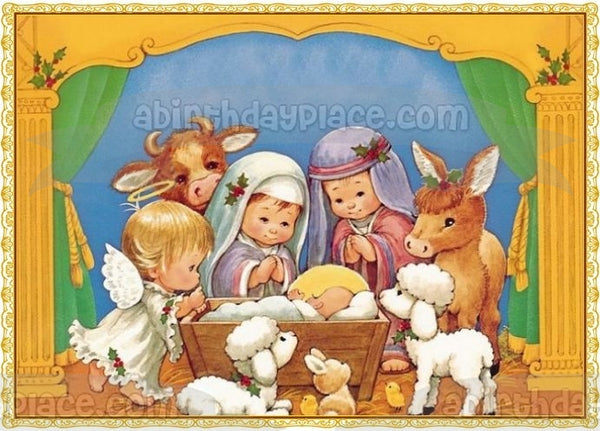 Nativity Scene Baby Jesus Mary Joseph and Farm Animals Edible Cake Topper Image ABPID07220