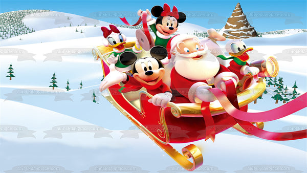 Mickey Mouse Merry Christmas Minnie Mouse Donald Duck Sleigh Daisy Duck Snow and Santa Clause Edible Cake Topper Image ABPID07278