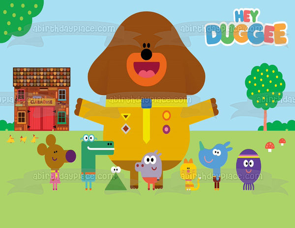 Hey Duggee Betty Happy Rolly Tag Norrie Enid Tino Clubhouse and Trees Edible Cake Topper Image ABPID07282