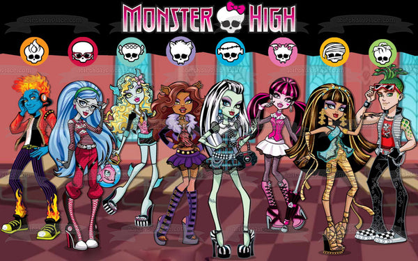 Monster High Clawdeen Wolf Lagoona Blue Cleo De Nile Draculaura Frankie Stein Ghoulia Yelps Heath Burns and Deuce Gorgon Edible Cake Topper Image ABPID07319
