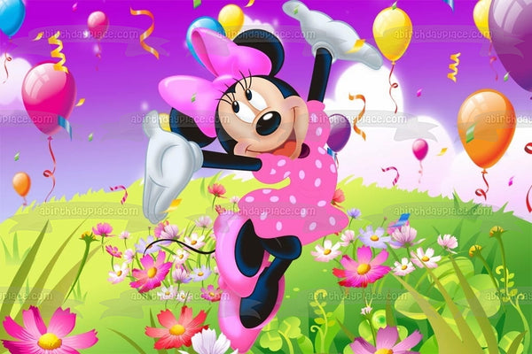 Minnie Mouse Balloons Streamers and Flowers Edible Cake Topper Image ABPID07333