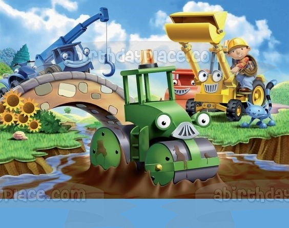 Bob the Builder Scoop Muck Lofty Roley and Sunflowers Edible Cake Topper Image ABPID07434