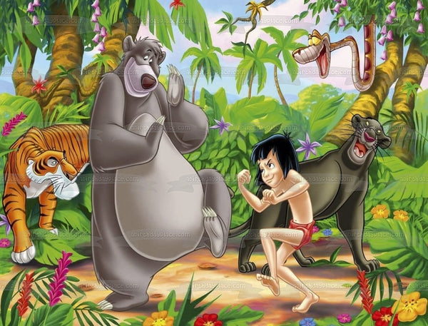 The Jungle Book Mowgli Baloo Kaa Sheer Khan and Bagheera In the Jungle Edible Cake Topper Image ABPID07509