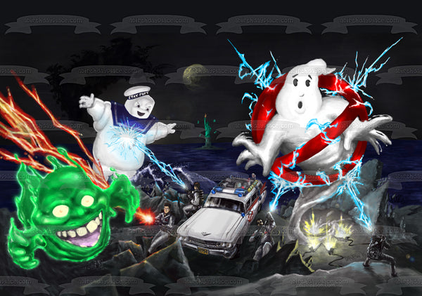 Ghostbusters Logo Stay Puff Marshmallow Man and Slimer Edible Cake Topper Image ABPID07599