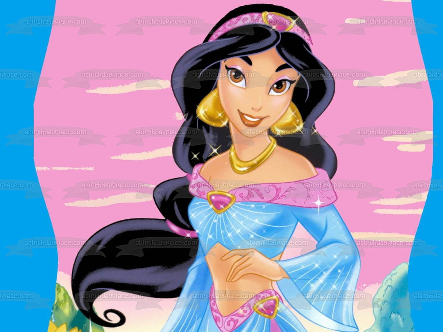 Princess Aladdin Jasmine with a Pink Background Edible Cake Topper Image ABPID07698