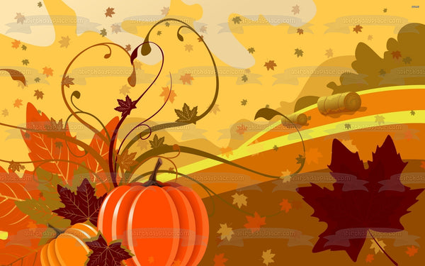 Fall Harvest Scene Pumpkins Leaves Falling and Hay Bales Edible Cake T ...