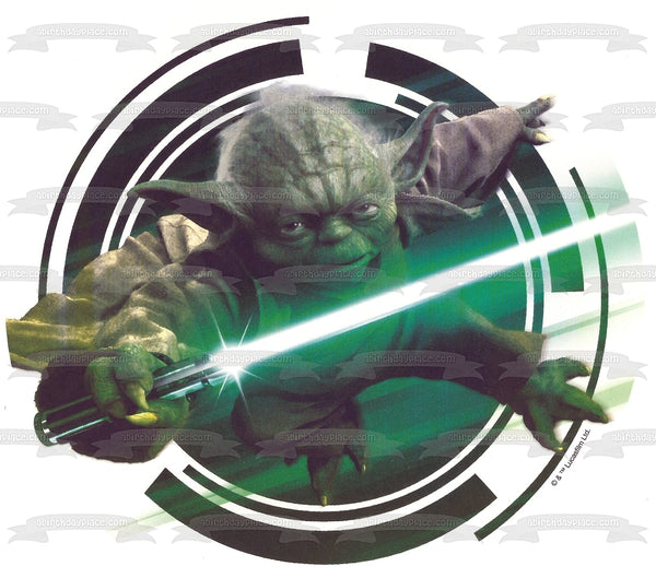Star Wars Yoda Lightsaber Black and White Background Edible Cake Topper Image ABPID07881