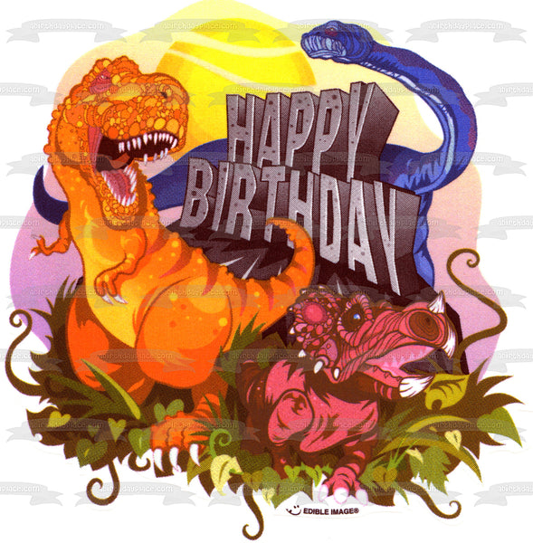 Dinosaur Cartoon Happy Birthday Sun and Grass Edible Cake Topper Image ABPID07900