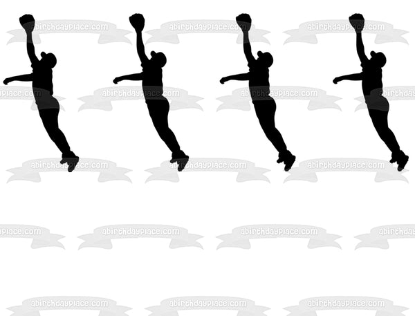 Baseball Man Silhouette Jumping Catch Ball In Black and White Edible Cake Topper Image ABPID07967