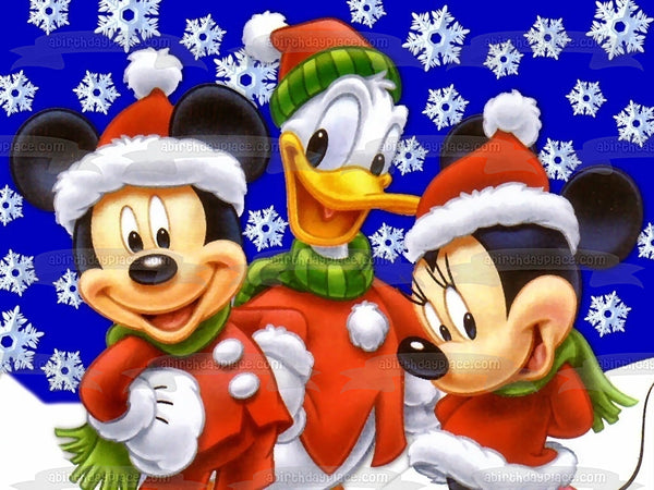 Mickey Mouse Christmas Donald Duck Minnie Mouse and Snowflakes Edible Cake Topper Image ABPID08035