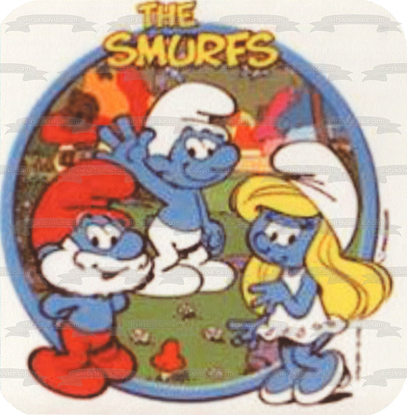 The Smurfs Papa Smurf Smurfette Trees and Flowers Edible Cake Topper Image ABPID08152