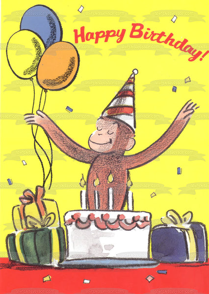 Curious George Happy Birthday Cake Hat Balloons Presents Edible Cake Topper Image ABPID08340
