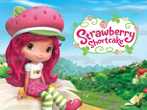 Strawberry Shortcake Cartoon Logo Flowers Strawberries Edible Cake Topper Image ABPID08349