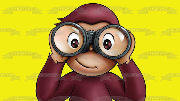 Curious George Binoculars Yellow Background Edible Cake Topper Image ABPID08401