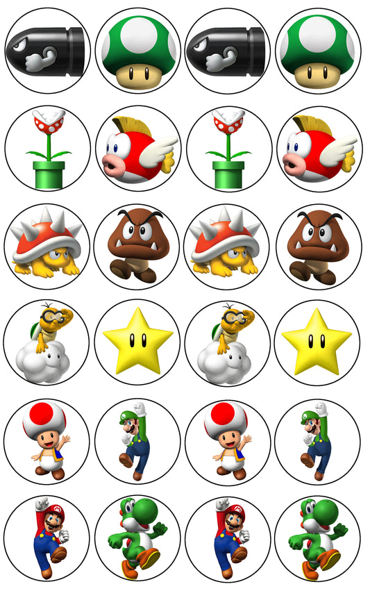 Super Mario Brothers Luigi Yoshi Toad Starman 1-up Mushroom Cheep Cheeps Edible Cupcake Topper Images ABPID08946