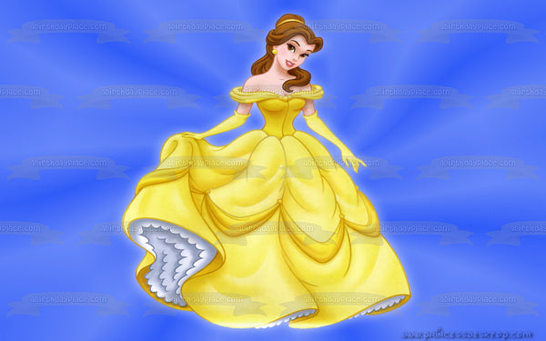 Disney Beauty and the Beast Belle Blue Background Edible Cake Topper Image ABPID09114