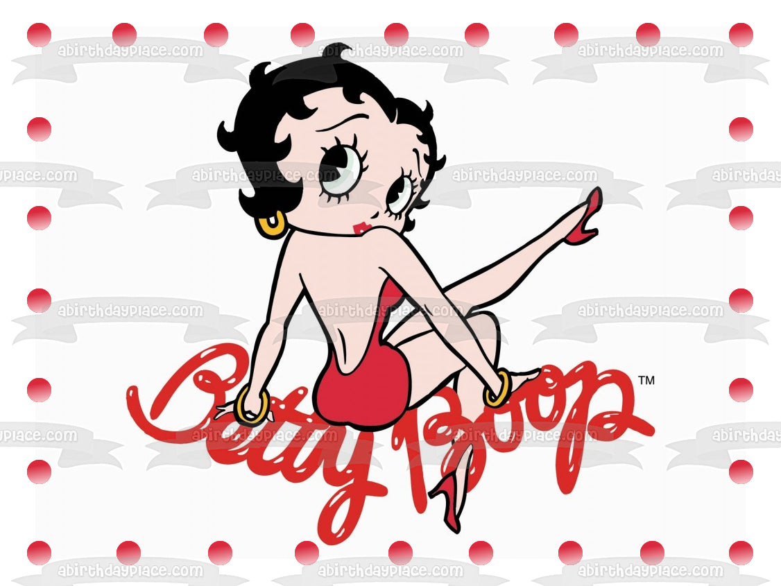Betty Boop Red Dress Hoop Earrings Black Hair Dot Border Edible Cake Topper Image ABPID09262 Betty Boop Red Dress Hoop Earrings Black Hair Dot Border Edible Cake Topper Image ABPID09262