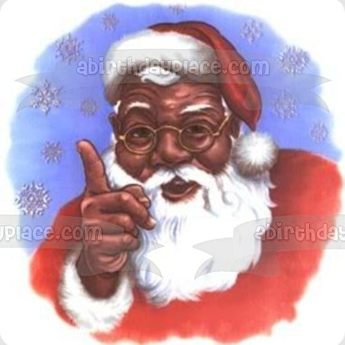 Black Santa Christmas Snowflakes Blue Background Edible Cake Topper Image ABPID09386