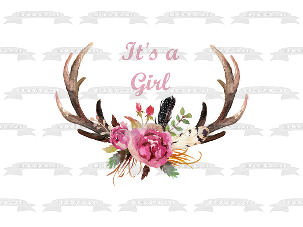 It's a Girl Baby Shower Deer Antlers Flowers Edible Cake Topper Image ABPID09487