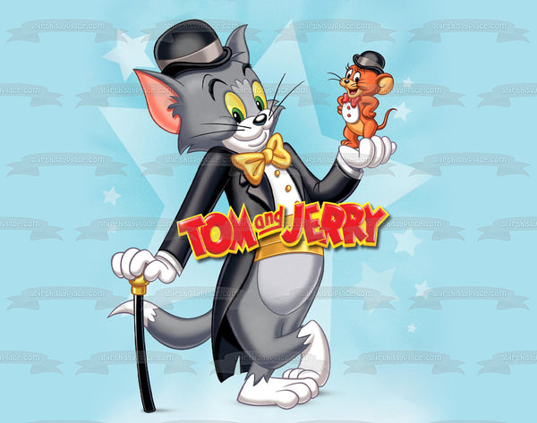 Tom and Jerry Top Hats and Coat Cane Blue Star Background Edible Cake Topper Image ABPID10206
