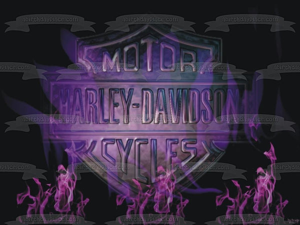 Harley Davidson Motor Cycle Logo Purple Flames Black Background Edible Cake Topper Image ABPID10736