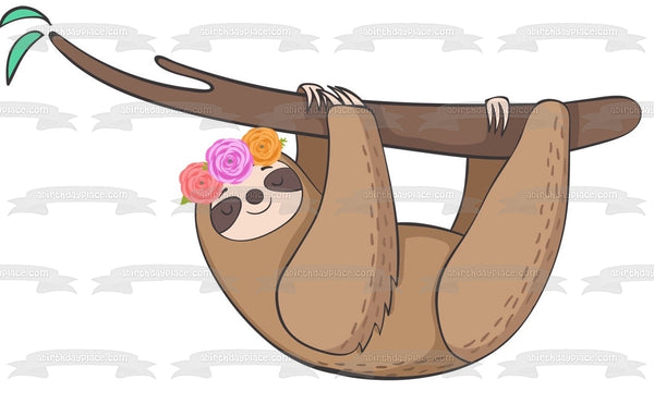 Cartoon Sloth Hanging from Branch Flowers Headband Edible Cake Topper Image ABPID10752