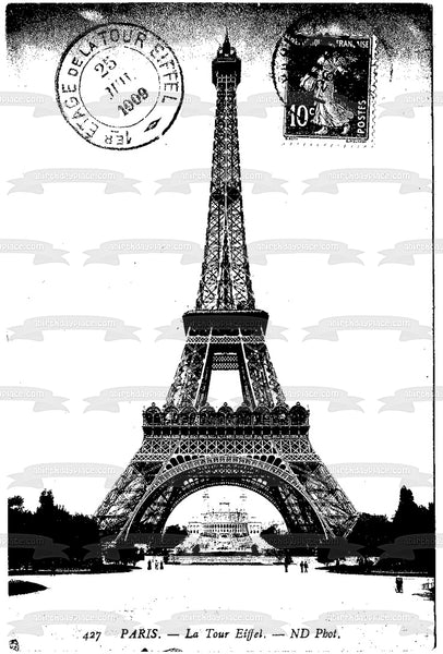 Eiffel Tower Paris France Postcard Black and White Edible Cake Topper Image ABPID10797