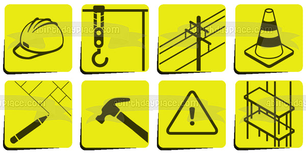 Construction Symbols Hard Hat Hammer Power Lines Cone Edible Cake Topper Image ABPID11148