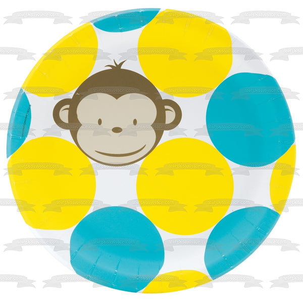 Cartoon Monkey Blue Yellow Polka Dot Background Edible Cake Topper Image ABPID11497