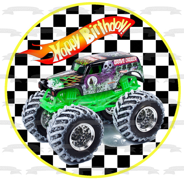 Hot Wheels Happy Birthday Grave Digger Edible Cake Topper Image ABPID12114