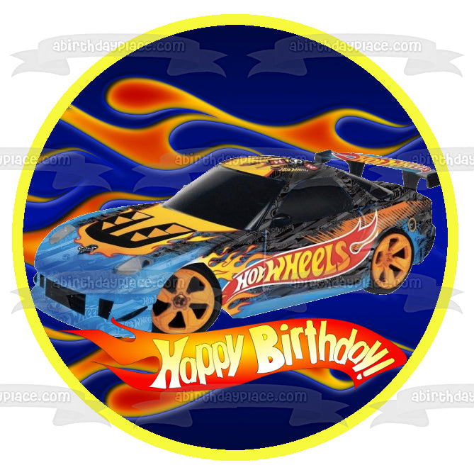 Hot Wheels Happy Birthday Blue Race Car Edible Cake Topper Image ABPID
