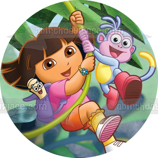 Dora the Explorer Backpack Map Boots Swinging on a Vine Edible Cake Topper Image ABPID12191