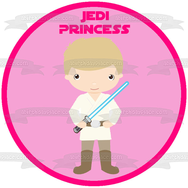 Star Wars Cartoon Anakin Skywalker Lightsaber Jedi Princess Pink Background Edible Cake Topper Image ABPID12716