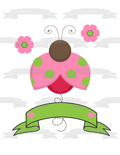 Pink Ladybug Lady Bird Lady Beetle Six Green Spots Edible Cake Topper Image ABPID13015