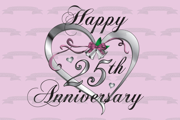 Happy 25th Anniversary Silver Heart Edible Cake Topper Image ABPID13041