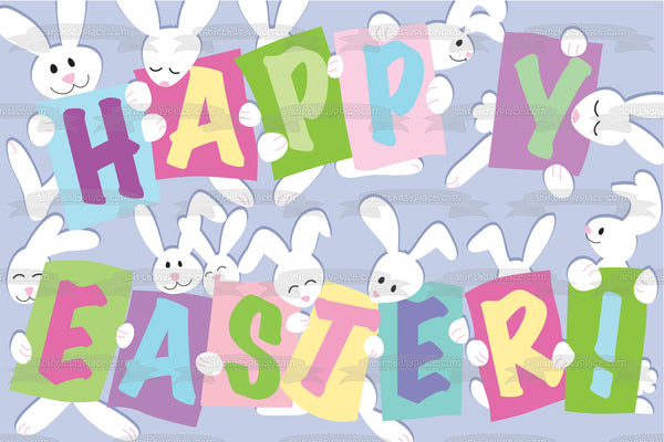 Happy Easter White Bunnies Blue Background Edible Cake Topper Image ABPID13132