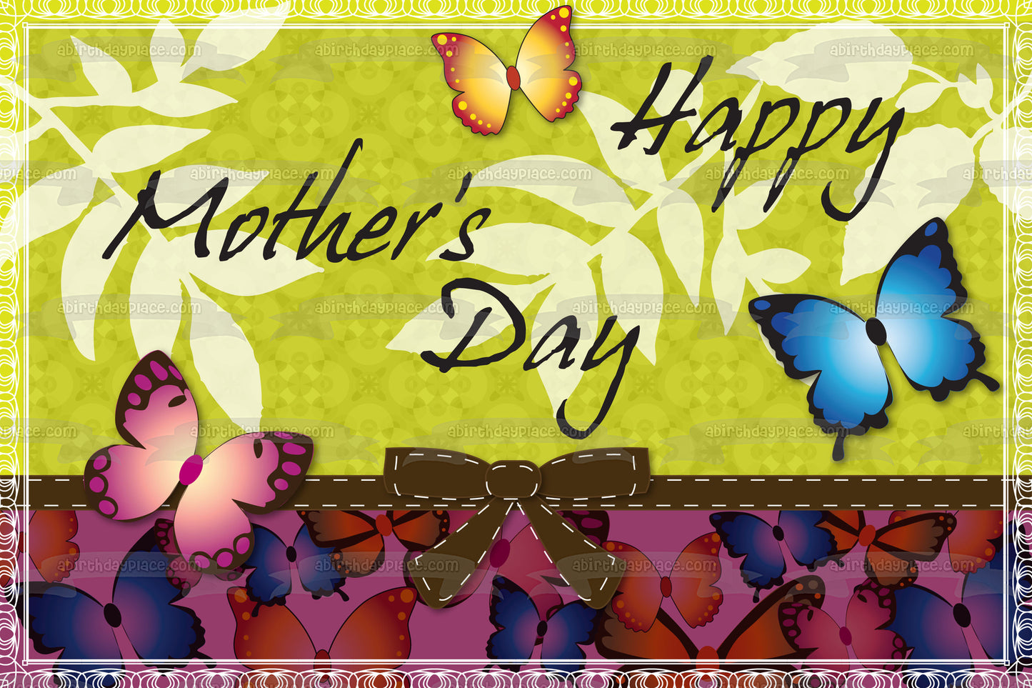 Happy Mother's Day Butterflies Leaves Bow Edible Cake Topper Image ABPID13158