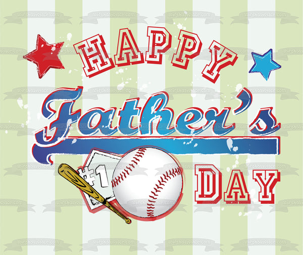 Happy Fathers Day #1 Baseball Stars Striped Background Edible Cake Topper Image ABPID13182