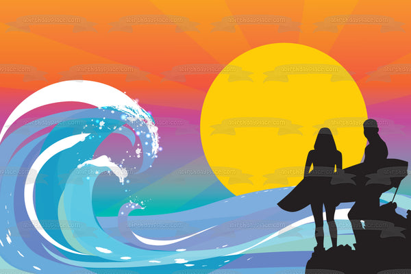 Beach Sunset Man Woman Surfboards Silhouette Waves Edible Cake Topper Image ABPID13190