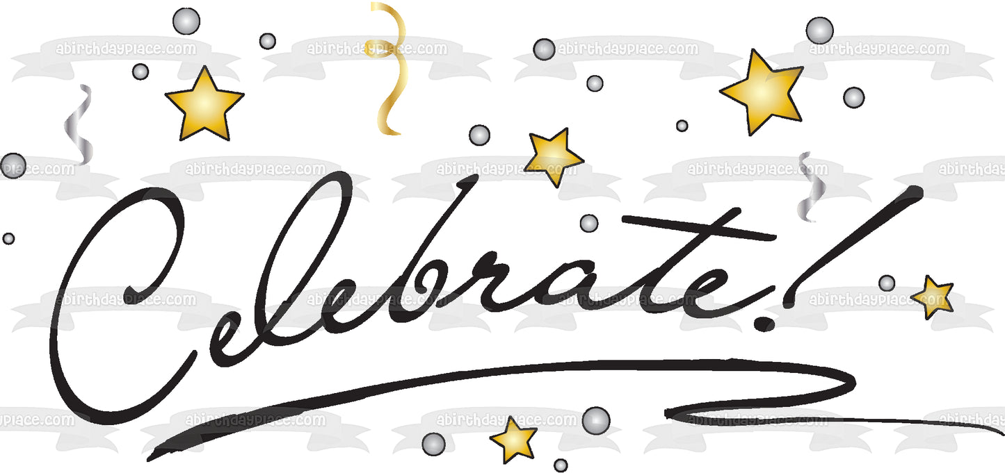 Celebrate Gold Stars Streamers Edible Cake Topper Image ABPID13192