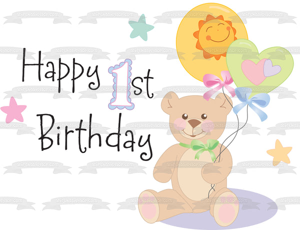Happy 1st Birthday Teddy Bear Balloons Stars Edible Cake Topper Image ABPID13213