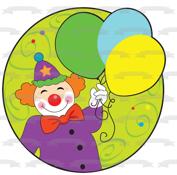 Cartoon Clown Happy Birthday Green Blue Yellow Balloons Edible Cake Topper Image ABPID13234