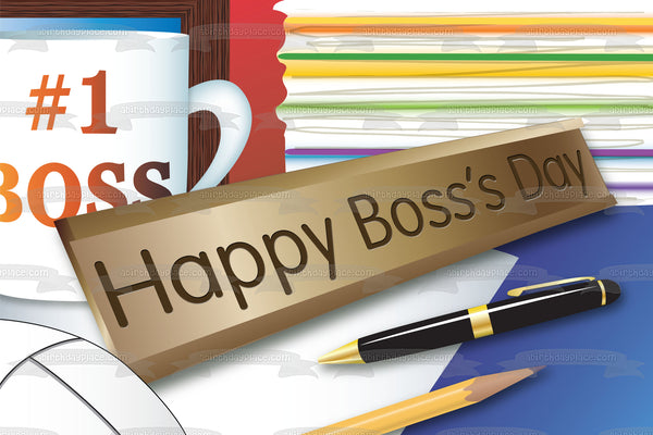 Happy Boss's Day #1 Boss Mug Pens Pencils File Folders Edible Cake Topper Image ABPID13262