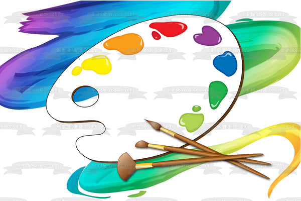 Artist Paint Palette Paintbrushes Colorful Paint Stroked Background Edible Cake Topper Image ABPID13264