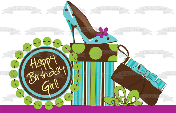 Happy Birthday Girl Present Wallet High Heel Shoe Edible Cake Topper Image ABPID13273