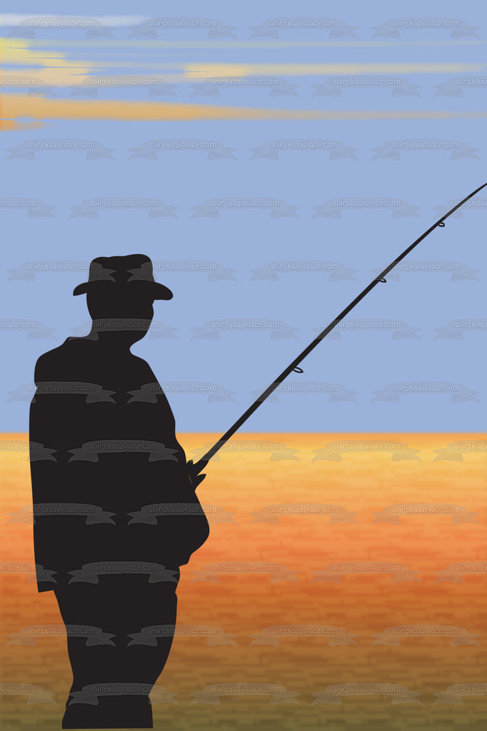 Fishing Man Silhouette Fishing Pole Lake Blue Sky Edible Cake