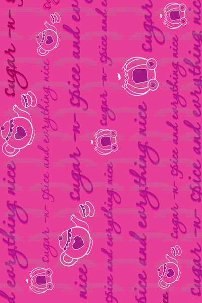 Sugar and Spice and Everything Nice Teapots Pink Background Edible Cake Topper Image ABPID13324