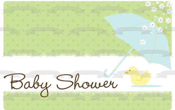 Baby Shower Blue Umbella Pink Baby Chick Flowers Green Polka Dot Background Edible Cake Topper Image ABPID13405