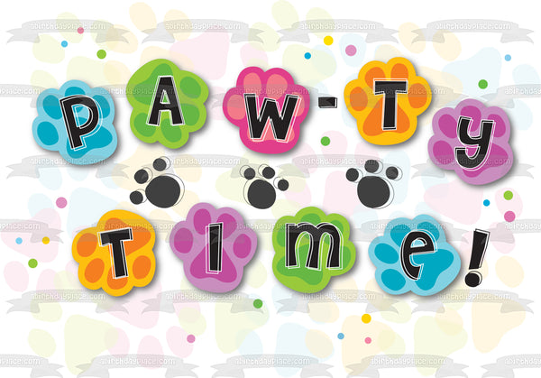 Happy Birthday Pawty Time Paw Prints Green Blue Pink Purple Yellow Edible Cake Topper Image ABPID13420